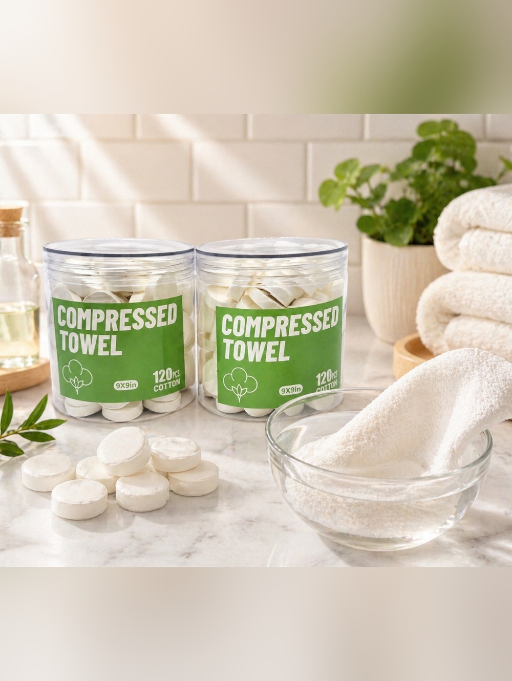 Compressed Towel Tablets 240 Count (2x120) Cotton Travel Disposable Towels 9x9in
